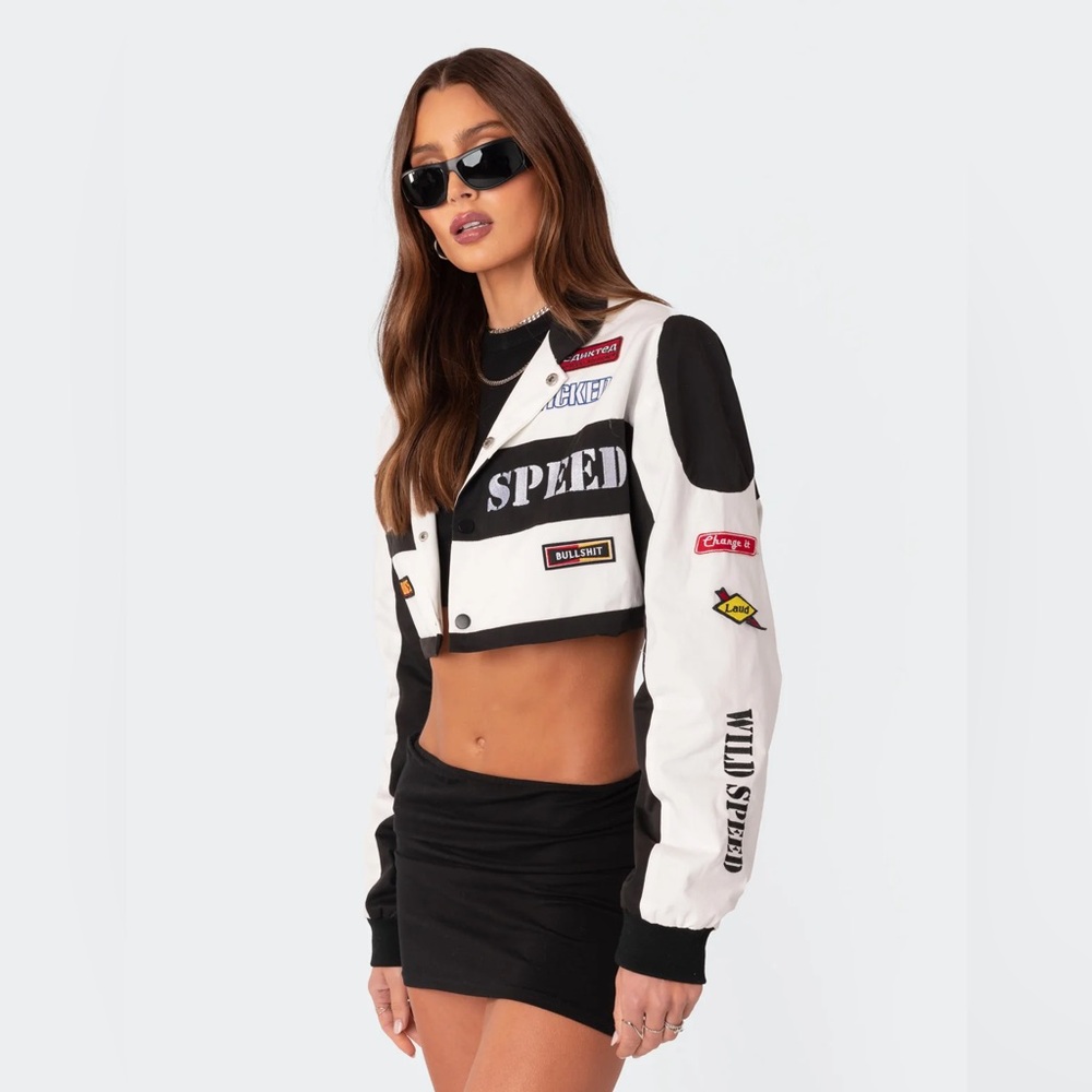 Size S Edikted black and white Lenni patch cropped Wild Speed long sleeve jacket - Picture 10 of 13